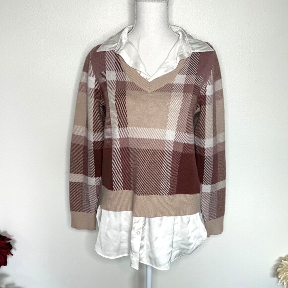Adrienne Vittadini Autumnal Plaid Sweater Faux Blouse Size L Preppy Academia - Picture 1 of 5